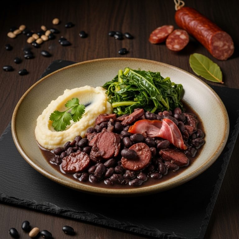 “Sensational Brazilian Gluten-Free Feijoada with Creamy Cassava Mash and Sautéed Greens”